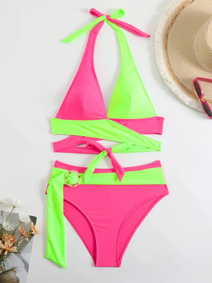 Halter Bikini  Criss Cross Solid Swimsuit High Waist Swimwear Female Bathers Bathing Swimming Suit Padded Beachwear