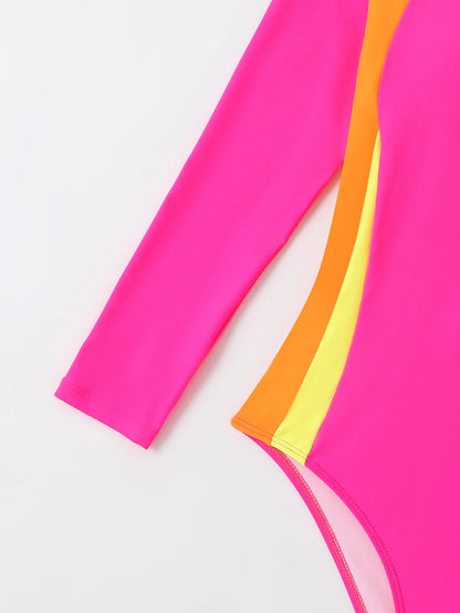 Solid Patchwork Swimwear Women Long Sleeve One Piece Swimsuit Monokini Backless Hollow Summer Bathing Suit