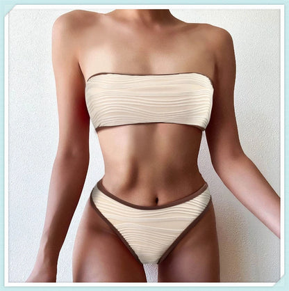 Bandeau High Waist Bikini Women Triangle Swimsuit Stitch Detail Swimwear Padded Bathing Suit Female Solid Beachwear