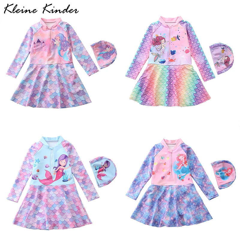 Mermaid Swimsuit for Girls Long Sleeves Children's Swimwear Front Zipper One-Piece Swimming Dresses Summer Beach Bathing Suit