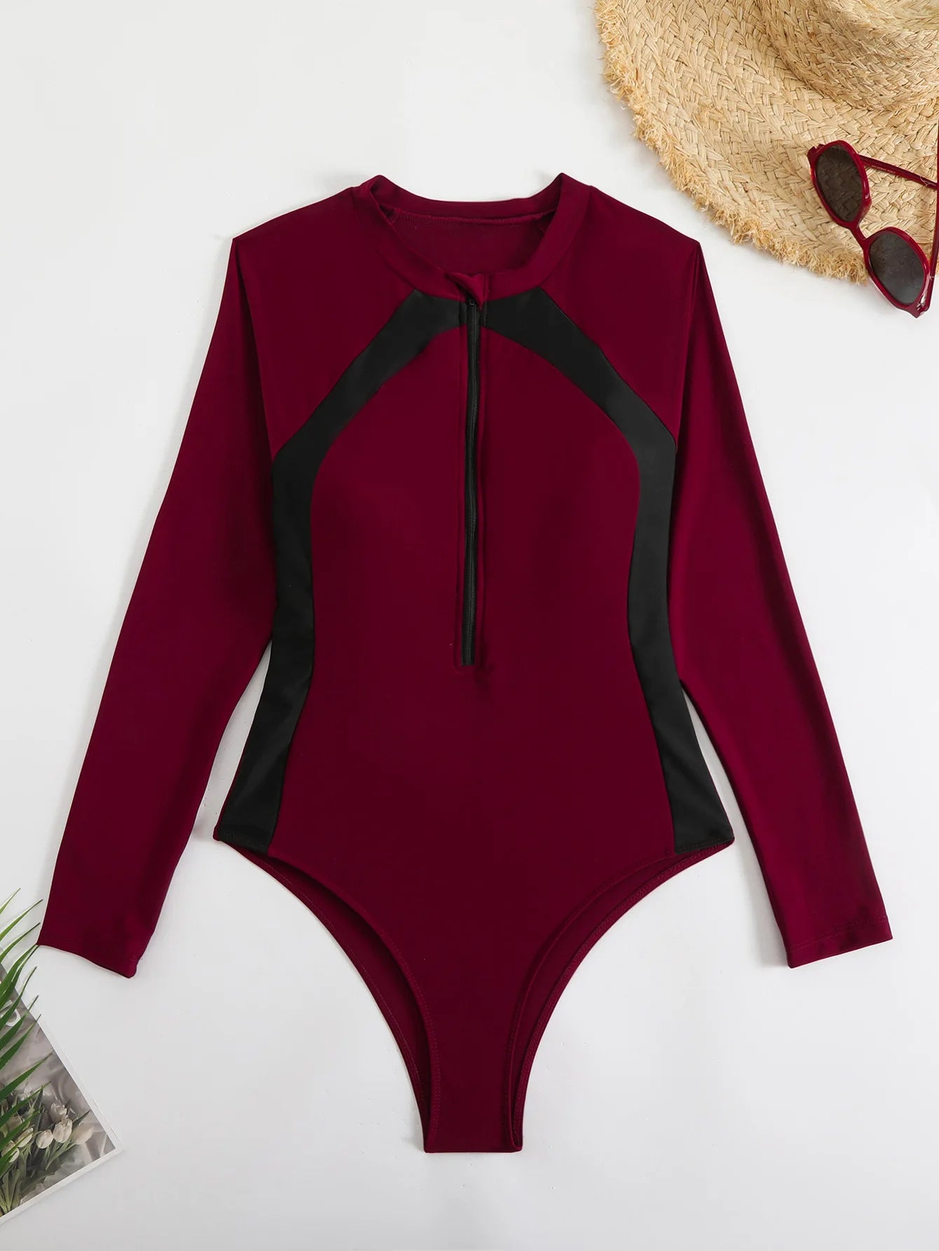 Zipper One Piece Swimsuit Closed Print Long Sleeve Swimwear Sports Surfing Women's Swimming Bathing Suit Beach Bather
