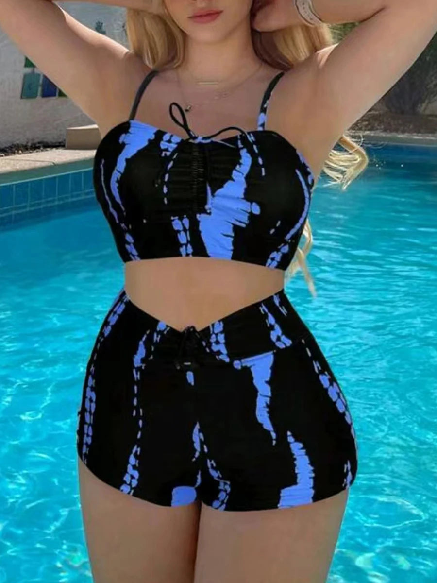 Print String Bikini Swimsuit Women High Waist Shorts Swimwear Female Bathers Bathing Swimming Swim Suit Beachwear