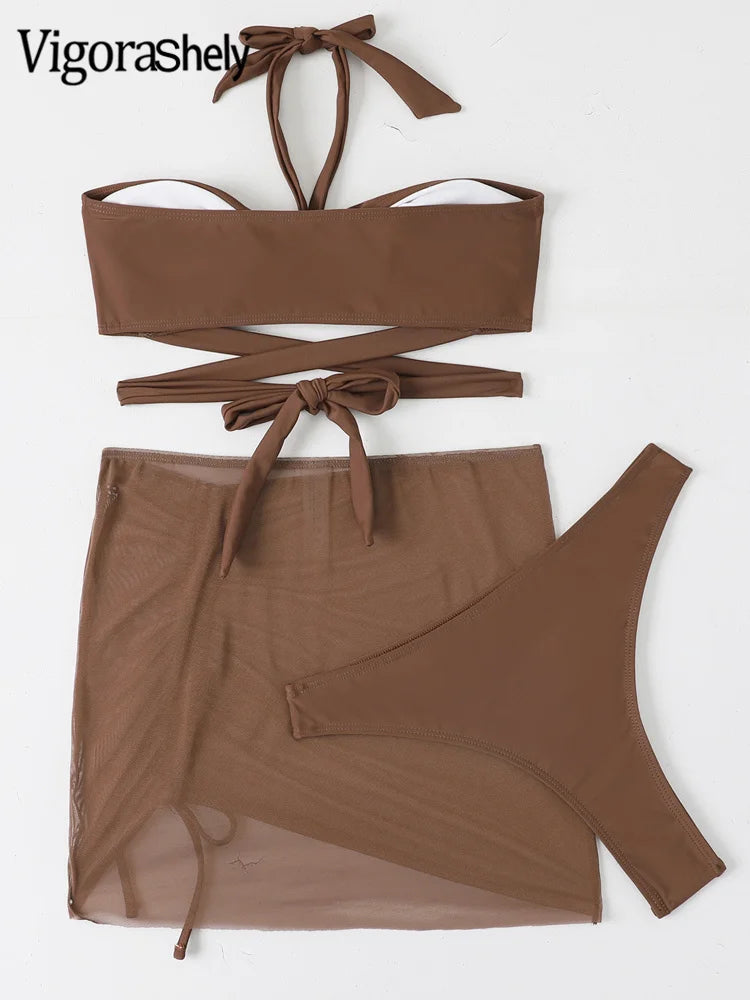 Solid 3PCS Skirt Bikini Set Sexy Women Swimsuit Cross Hollow Push Up Swimwear Beach Brazilian Bathing Suit