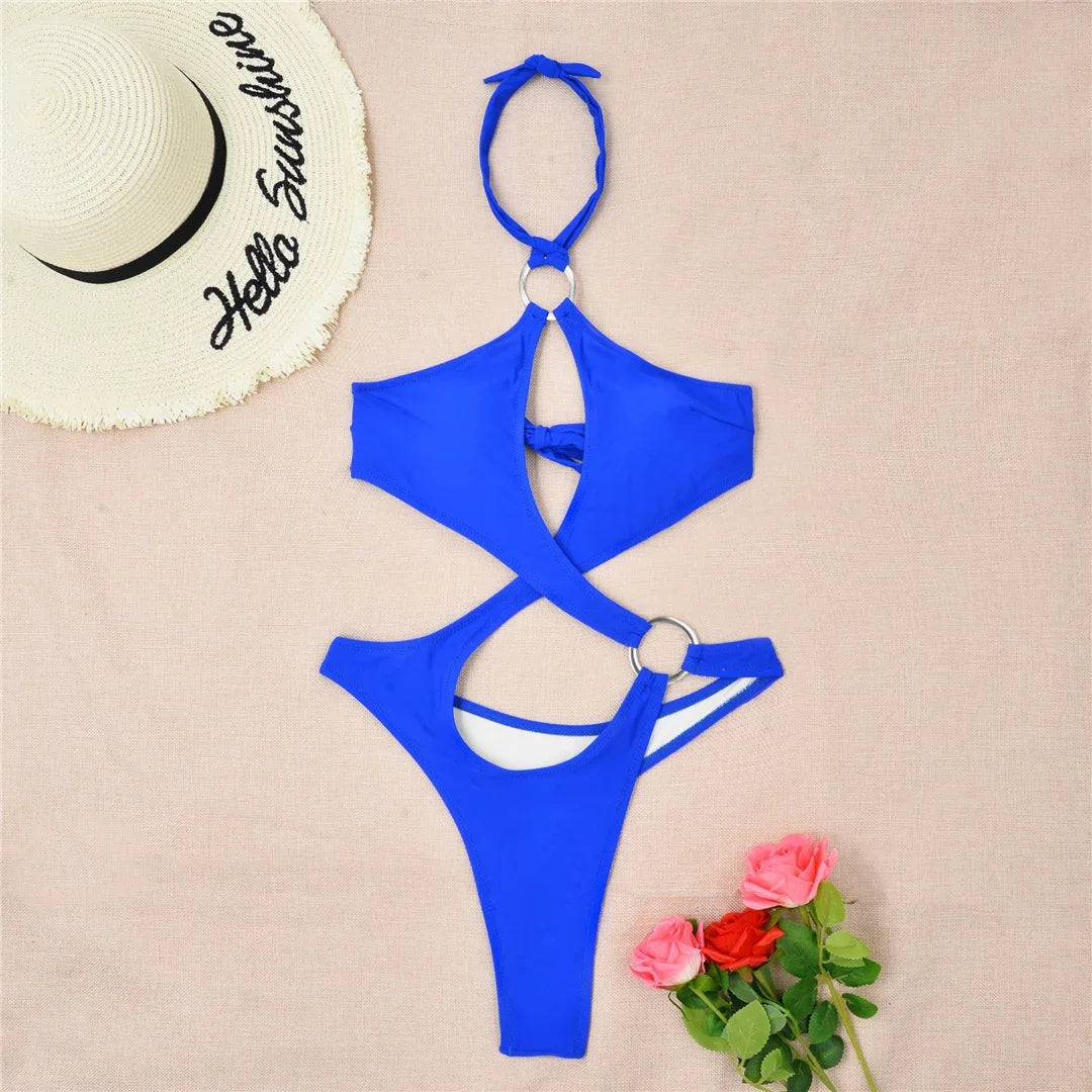 Tummy Cut Out Halter Women Thong Swimwear One Piece Swimsuit Female High Cut Monokini Rings Bathing Suit Swim Beach Wear