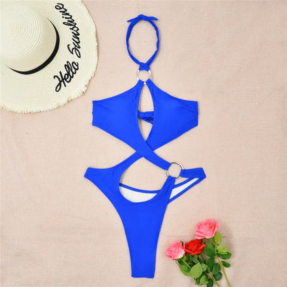 Tummy Cut Out Halter Women Thong Swimwear One Piece Swimsuit Female High Cut Monokini Rings Bathing Suit Swim Beach Wear