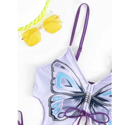 Butterfly Print Strapped Swimwear Women Tied High Cut Bikini Set Push Up Swimsuit Backless Summer Beach Bathing Suit Bathers