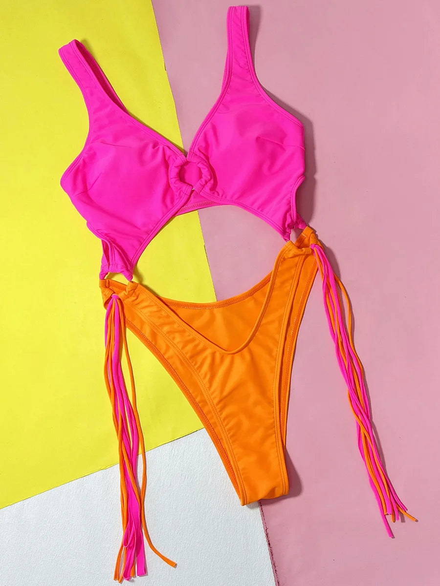 Splicing High Cut Out One Piece Swimsuit Women Tassel Swimwear Female Bathing Suit String Leopard Bikini Monokini Lady