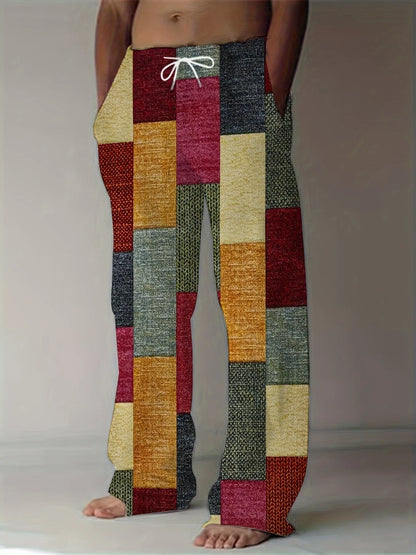 Summer Men's Cotton Linen Casual Pants Retro Ethnic Printing Mid Waist Drawstring Closure Large Size Wide Leg Beach Pants