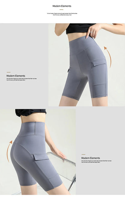 BIVIGAOS Summer New Cargo Pocket Shark Shorts Women's Sport Fitness Cycling Shorts High Waist Running Tight Biker Short Leggings