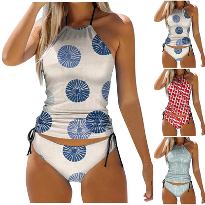 Women's Fashionable Summer Print Lace Up Detachable Chest Pad Split Swimsuit Swim For Women