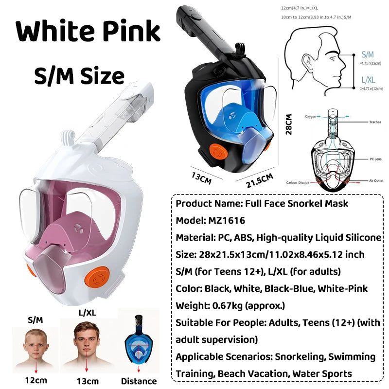 Full Face Snorkel Mask - Dry Snorkel , Anti-Fog , Leak-Proof  Panoramic View Swimming Diving Beach Water Sports for Adults Teens
