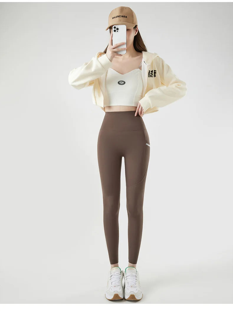 Pocket Brushed Shark Leggings Women Autumn Light Fleece Phone Leggings Slim Tight-Fit Sports Yoga Fitness Leggings