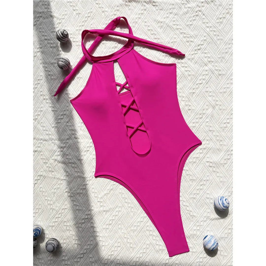 S - XL 7 Colors Lace Up High Neck Full Back Women Swimwear One Piece Swimsuit Female High Leg Cut Bather Bathing Suit Swim