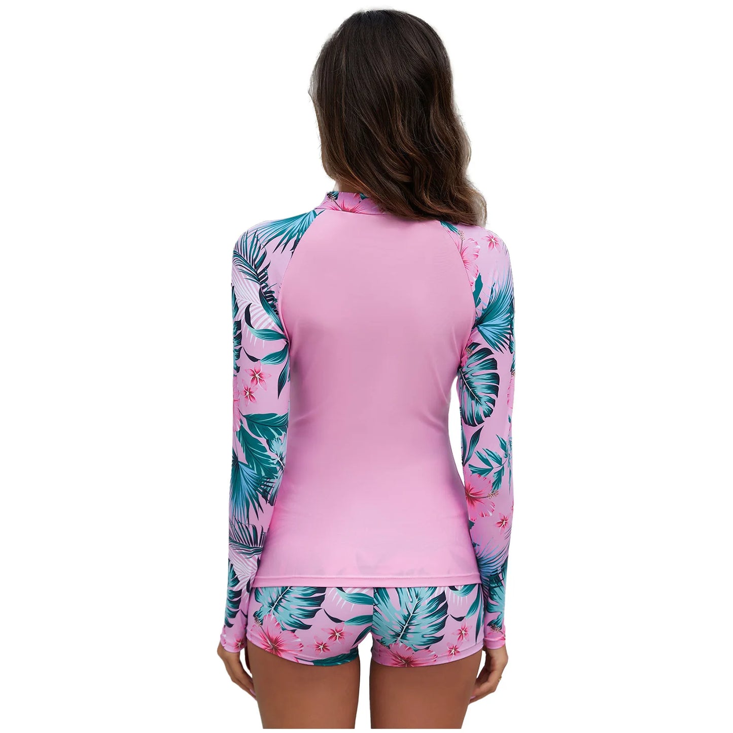 Women's Rash Guard Swimsuit Two Pieces Swimwear Floral Print Long Sleeve Half Zipper Top with Short Bathing Suit Swim Outfit