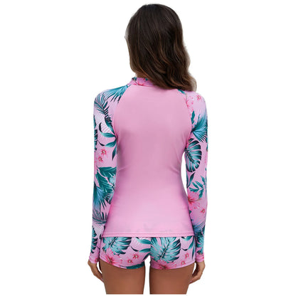 Women's Rash Guard Swimsuit Two Pieces Swimwear Floral Print Long Sleeve Half Zipper Top with Short Bathing Suit Swim Outfit