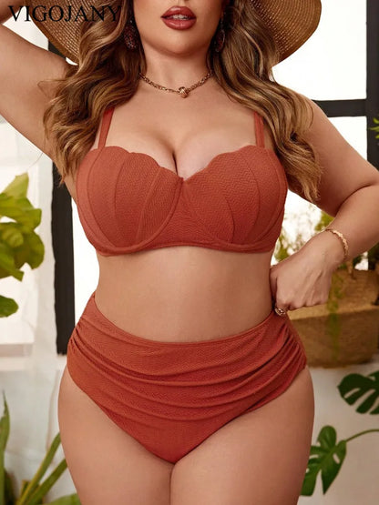 Solid 2 Piece Plus Size Bikini Set Women Strapped Push Up Large Big Swimsuit High Waist Bathing Suit