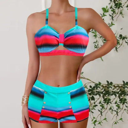 Summer Beach Striped Print Ruched Bikini Set Swimwear Bathing Suit For Women