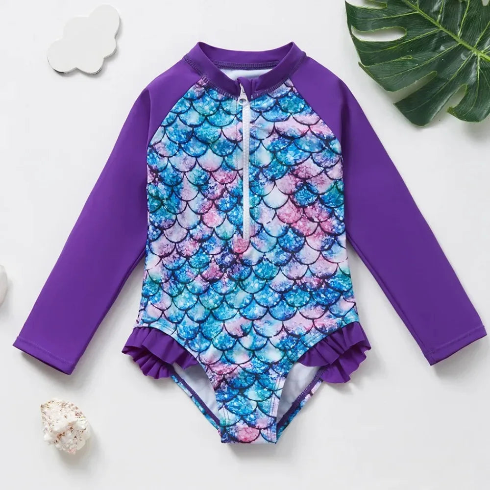 Girls Swimsuit Long Sleeves One Piece Swimwear for Kids Toddler Leopard UPF50+ Rash Guards Infant Bathing Suit