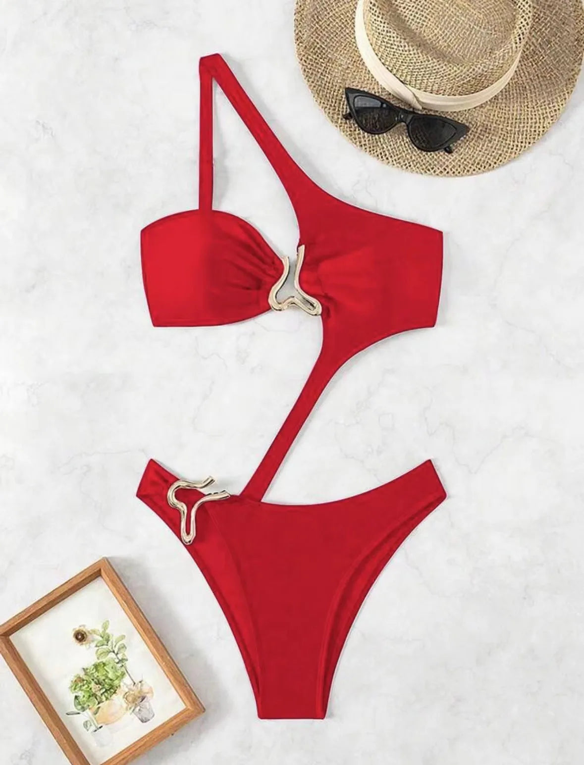 Black or Blue Bikini one-piece solid color one shoulder gold clip swimsuit bathers