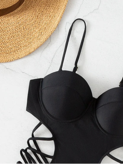 Black Strapped Swimwear Women Hollow Push Up One Piece Swimsuit Monokini High Waist Backless Bathing Suit