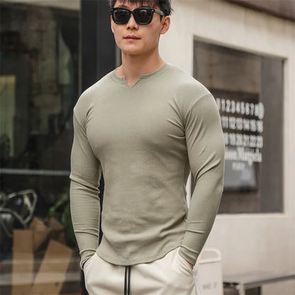 Fashion Casual Compression Shirt Large Sports Workout T-shirt Men's Elastic Long Sleeve Autumn V-Neck Gym