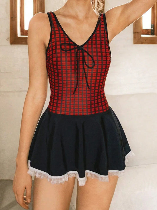 Strappy String Swimsuit Women One Piece With Ace Trim Skirt Swimwear Female Bodysuit Bathing Swimming Suit Padded Beachwear