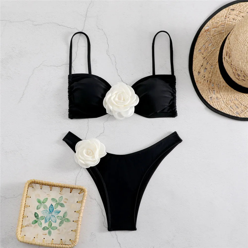 Flower Bandeau Swimwear Thong Bikini Women Lace-up Swimsuits Swimming Bathing Suit Brazilian Bikinis Set