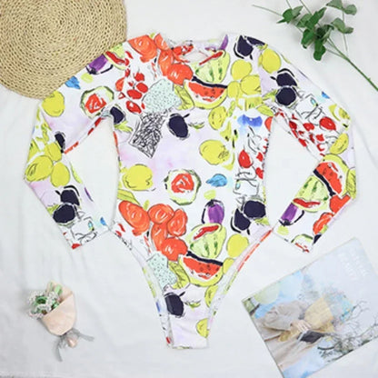 One Piece Swimsuit Swimwear Women Long Sleeve Backless Vegetables Fruits Print Sports Surfing Bathing Suit Beachwear
