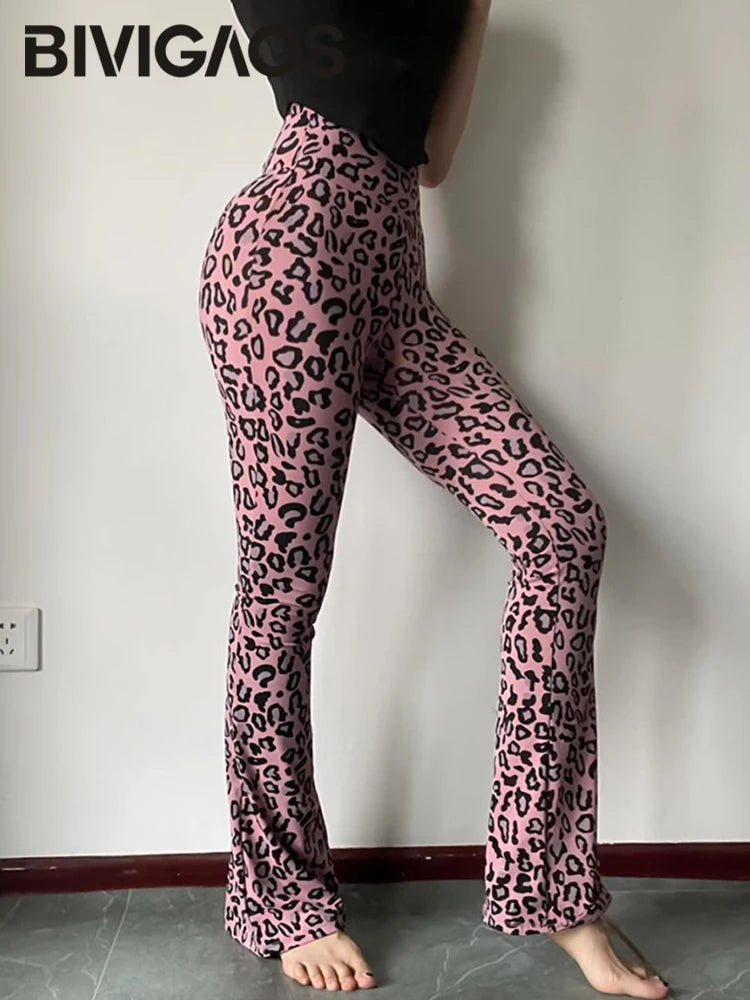 BIVIGAOS Spring Summer Leopard Print Flared Leggings Women Sharkskin High Waist Tight Sport Pilates Fitness Horseshoe Pants