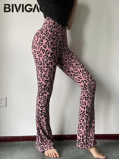 BIVIGAOS Spring Summer Leopard Print Flared Leggings Women Sharkskin High Waist Tight Sport Pilates Fitness Horseshoe Pants