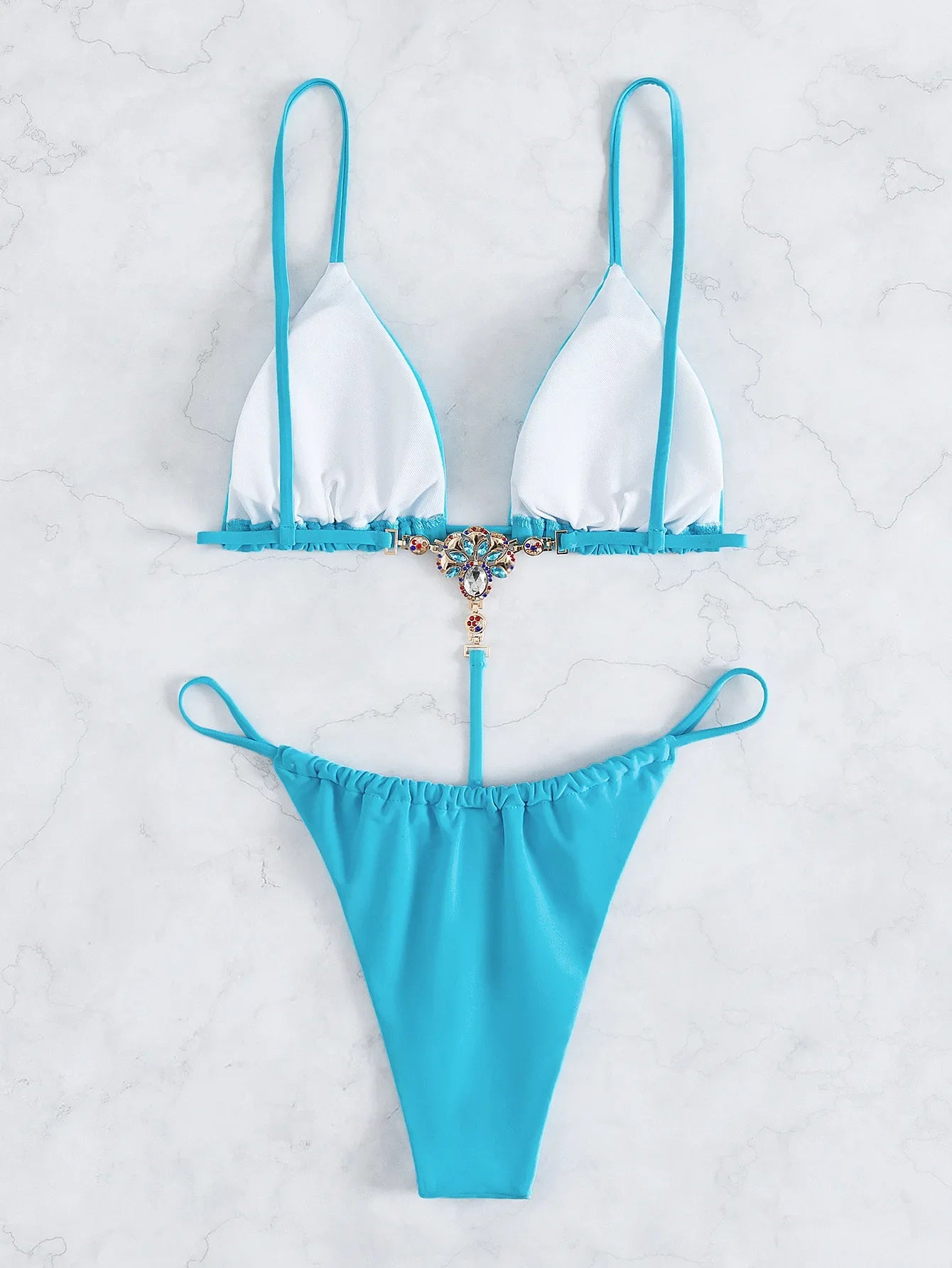 One Piece Swimwear Swimsuit Women Triangle Backless Crystal Decor Thong Sky Blue Bikinis Set Bathing Suit Beach Bikini