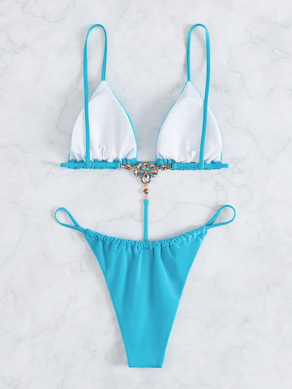 One Piece Swimwear Swimsuit Women Triangle Backless Crystal Decor Thong Sky Blue Bikinis Set Bathing Suit Beach Bikini
