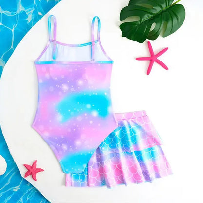 Girls Mermaid Printed Swimsuit One Piece Kids Swimwear & Beach Skirt Children Swimming Bathing Swim Suit Beachwear