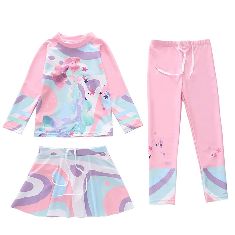 Swimsuit for Children Long Sleeve Rash Guard Swim Skirt and Surf Pant Set Sunscreen UV Protection Beach Kids Bath Clothes Girl