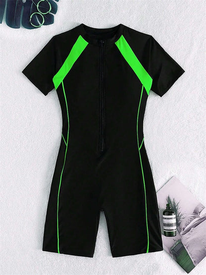 One Piece Swimsuit Women  Black Short Sleeves Zippers Swimwear Boxer Shorts Bodysuit Monokini Beach Bathing Suit Female