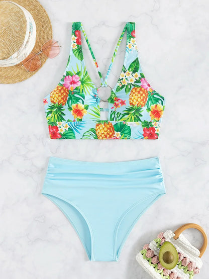 Strappy Hollow Bikini Women Ring Linked Swimwear Female Fold Triangle Swimsuit Bathers Bathing Swimming Suit Beachwear