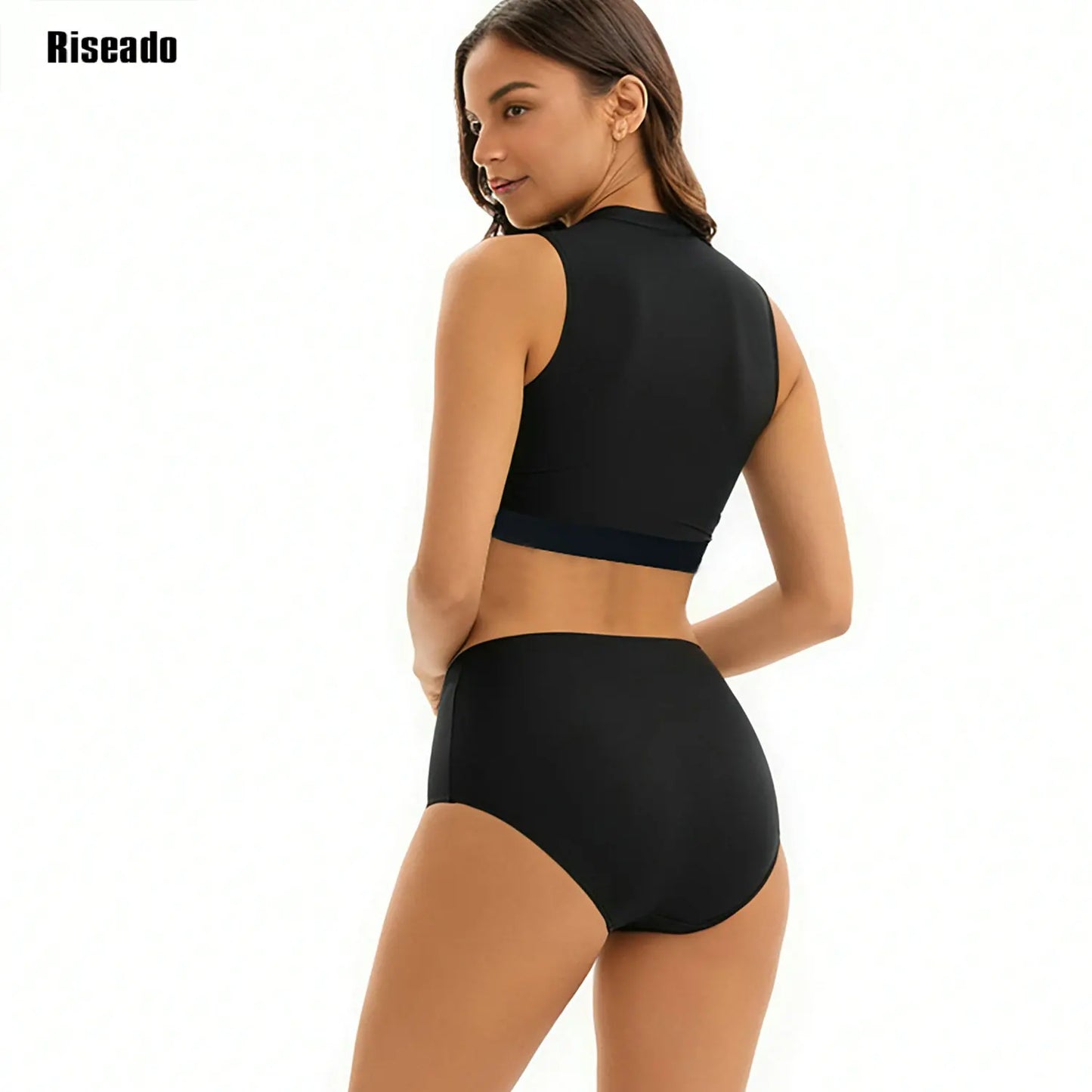 Female Two Pieces Crop Top Bikini Tankini Sets Color Block Zip Front Summer Push Up Swimsuit Bathing Suits High Waist Tankini
