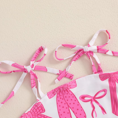 Kids Girls Sleeveless Bikini Swimsuit Cute Elastic Bow Print Strap Children Swimwear for Summer Beach Bathing Suit