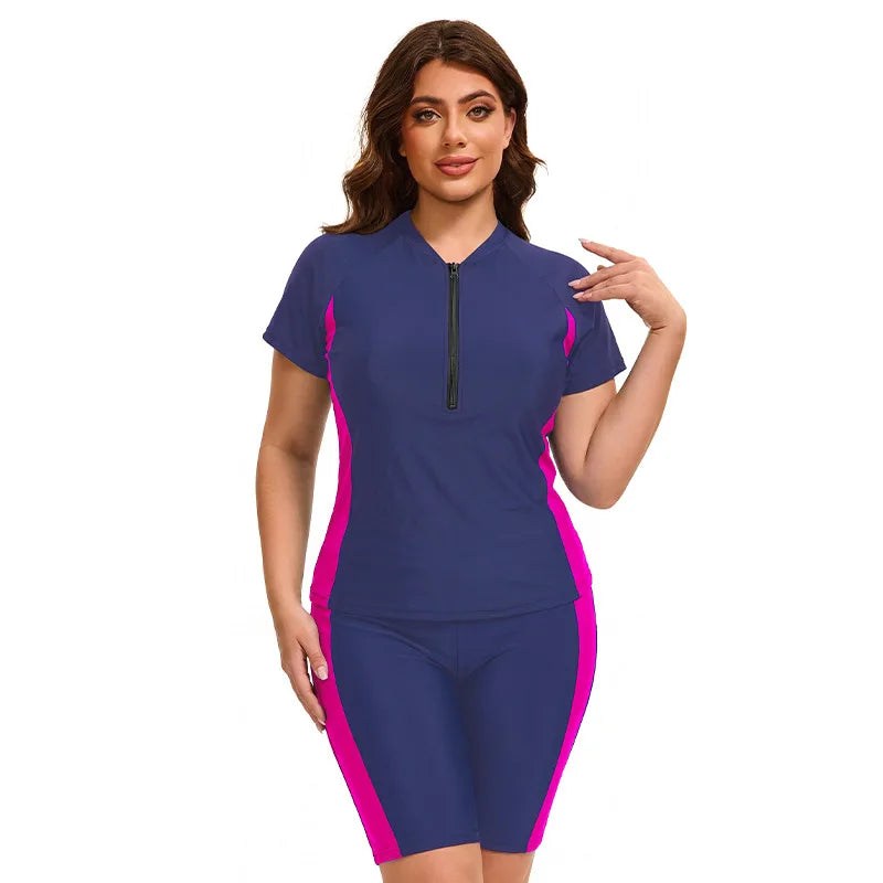 Plus Size Women Modest Swimwear Short Sleeve Swimsuit Rash Guard Tummy Control Two Piece Surf Suit Beachwear UPF 50 Bathing Suit