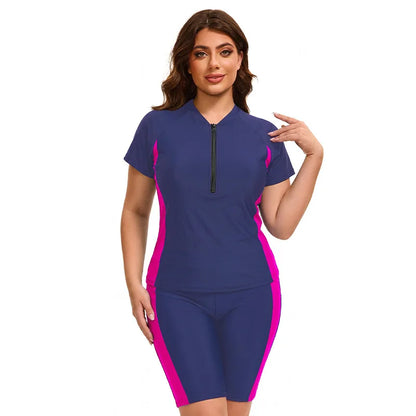 Plus Size Women Modest Swimwear Short Sleeve Swimsuit Rash Guard Tummy Control Two Piece Surf Suit Beachwear UPF 50 Bathing Suit