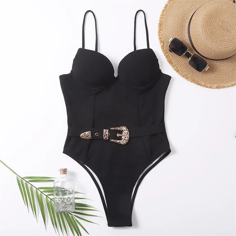 Push Up Underwire Swimwear Women Solid White Black Padded Buckle One Piece Swimsuit Beach Bathing Suit Bodysuit Monokini