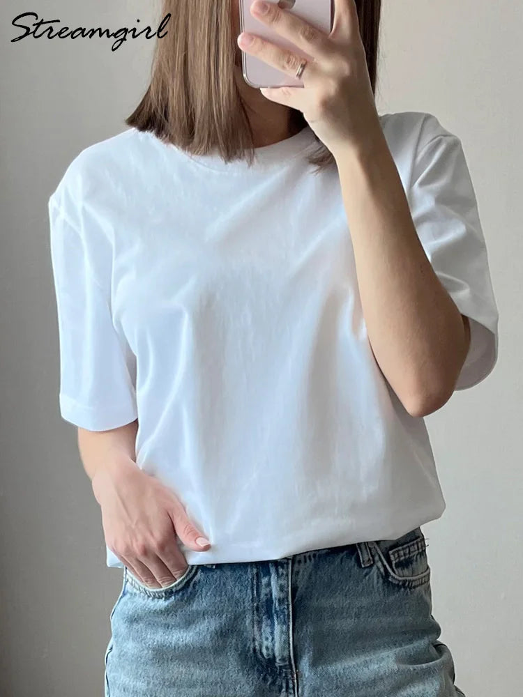 Women T Shirt Cotton 100℅ Summer Basic Tee Short Sleeve Tops Loose T-shirt Casual Women's White Basic T Shirts For Women