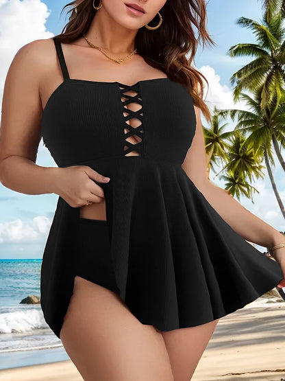 Large Size Hollow Out Tankini 2 Pieces Swimsuit Women High Waist Swimwear Female Bathing Swimming Swim Suit Beach Bathers