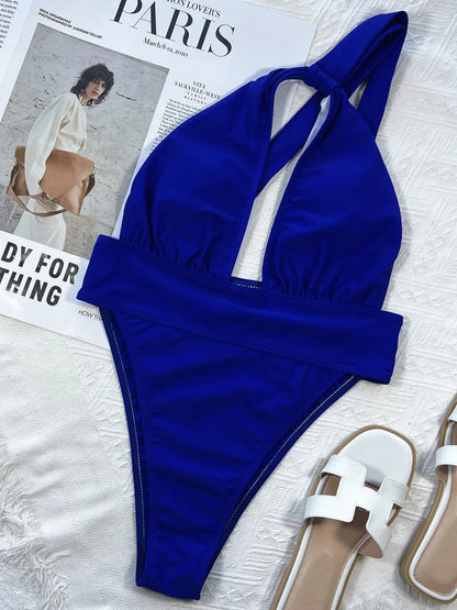 Blue Hollow One Shoulder Swimwear Women High Waist Cut One Piece Swimsuit Monokini Backless Bathing Suit
