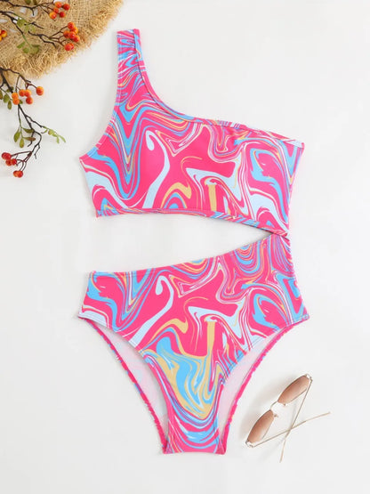 One Shoulder Printed One Piece Swimsuit Women Hollow High Cut Swimwear Female Bathers Bathing Swimming Suit Padded Beachwear