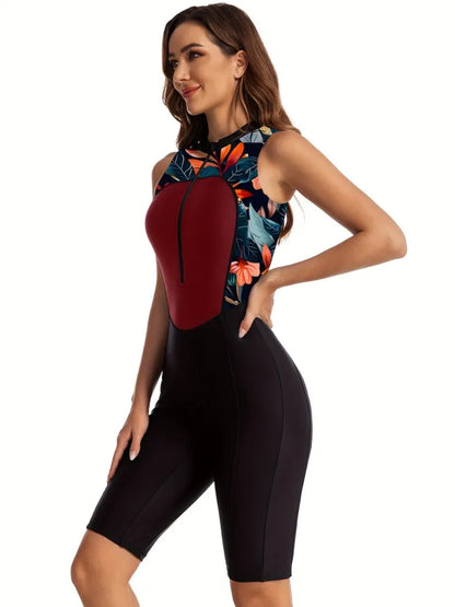 One Piece Zipper Swimsuit Knee Length Racing Swimsuit Female Swimming Sleeveless Outfit Women Professional Sporty Swimwear