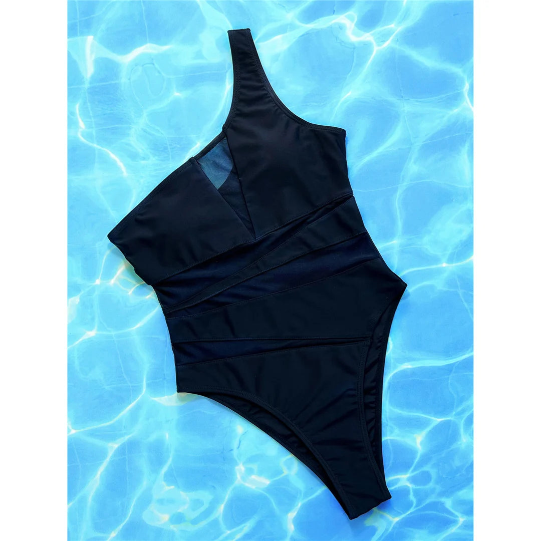 One Shoulder Splicing Mesh Sheer Women Swimwear One Piece Swimsuit Female Monokini High Leg Cut Bather Bathing Suit Swim