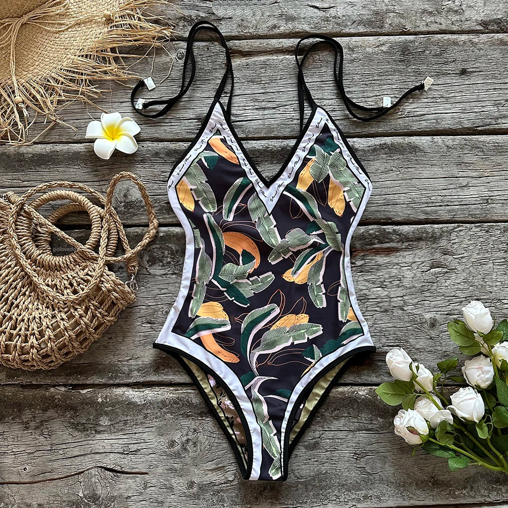 Double -sided wear One Piece Swimsuit Shoulder Strappy Swimsuit Floral Print Swimwear Women Backless Bathing Suit
