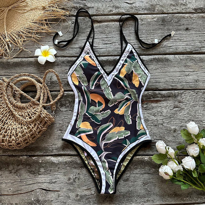 Double -sided wear One Piece Swimsuit Shoulder Strappy Swimsuit Floral Print Swimwear Women Backless Bathing Suit