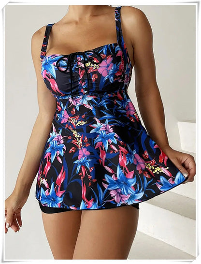 Drawstring Tankini Set Two Piece Swimsuit Short Women Floral Printed Swimwear Female Bathing Suit Beachwear Swimming